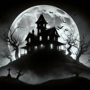 Spooky Haunted House on Hill | Full Moon Silhouette