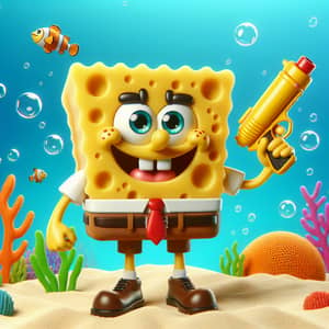 Funny Sponge Character with Water Gun on Sandy Seabed