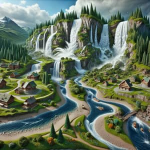 3D Waterfall Scene with Tranquil Village and Lush Greenery