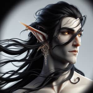Stoic Male Elf with Shimmering Black Hair and Golden Eyes