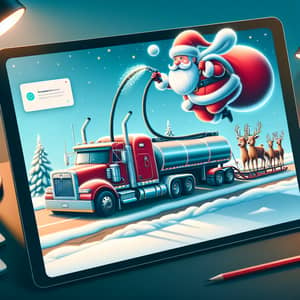 Christmas Character Refuels Sled with Diesel from Truck | Illustration