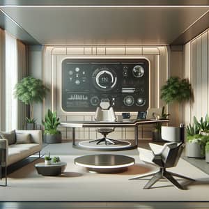 Futuristic Office Space Interior Design with Table, Chair, Screen, Sofa & Plants