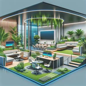 Futuristic Office Breakout Area Design with Table, Chair, Screen, Sofa, and Plants