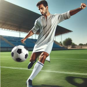Middle-Eastern Male Soccer Player Kicking Football | Soccer Field