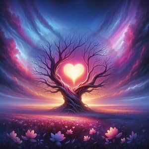 Surreal Landscape of Love: Gnarl Tree and Glowing Heart