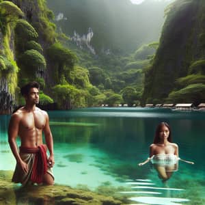 Idyllic Lagoon in the Philippines: Indigenous Man & Filipina Beauty