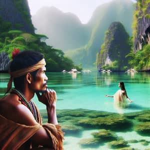 Lagoon Scene in the Philippines: Indigenous Man Observing a Swimming Native Filipino Lady