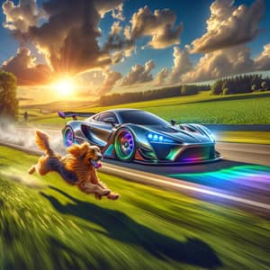 Vibrant Racing Car with Playful Dog on Open Road