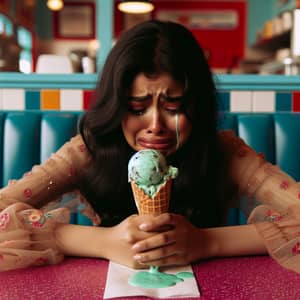 Upset South Asian Girl Eating Mint Chip Ice Cream at Diner