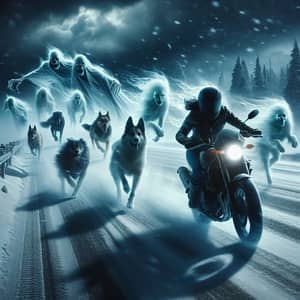 Spectral Motorcyclist in Winter Chase | High-Speed Thrills