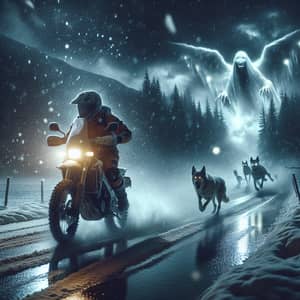 Mystical Motorcyclist: Night Chase in Falling Snow