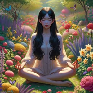 Meditative Asian Girl in Colorful Garden | Inner Peace Scene