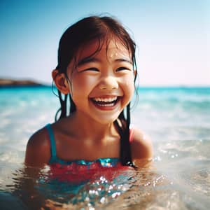 Euphoric Asian Girl Enjoying in Sparkling Ocean Water