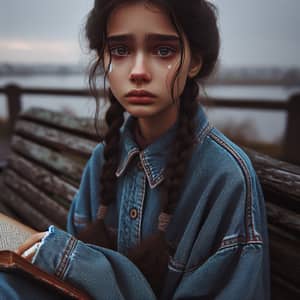 Melancholic Teenage Girl of Middle-Eastern Descent Reading Book on Park Bench