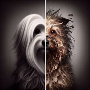 Dramatic Contrast in Dog's Fur: Clean vs. Dirty Halves