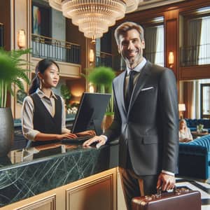 Luxury Hotel Sales Manager Welcoming Guests in Lobby