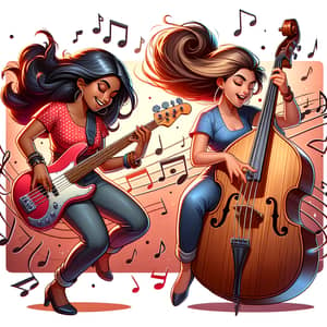 Cartoon Women Playing Bass | Music Passion