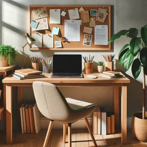 Wooden Studying Desk with Laptop, Books, and Stationery