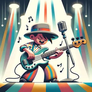 Cartoon Character Playing Bass Guitar on Colorful Stage
