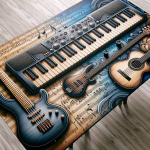 Music-Themed Desk with Keyboard, Bass Guitar, and Acoustic Guitar