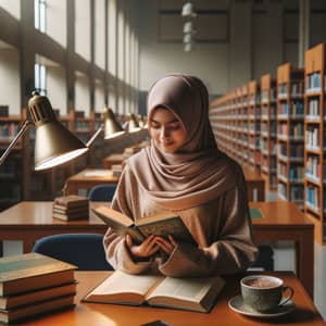 South Asian Hijab-Wearing Student in Library | Campus Panorama View