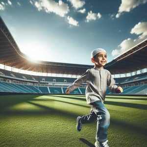 Joyful Young Middle-Eastern Child in Outdoor Stadium