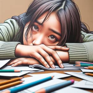 Stressed University Student Deep in Study | Realistic Artwork