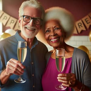 Happy Retirement Celebration with Elderly Couple Drinking Champagne