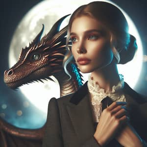 Elegant Woman with Scholarly Dragon Under Moonlight