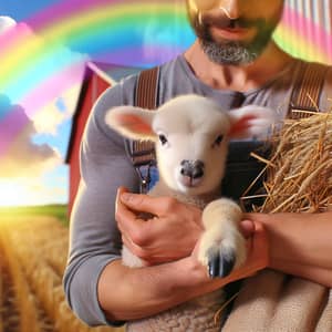Sheep Being Cradled by Shepherd Under Colorful Rainbow