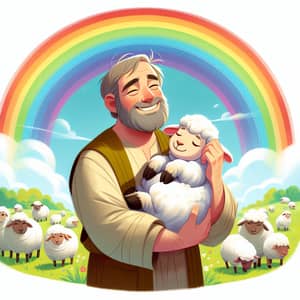 Cute Sheep Hugged by Shepherd under Rainbow