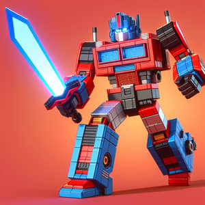 Retro-Style Red and Blue Robot Slashing Sword - 80s Toy Design