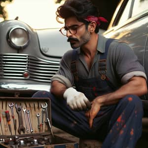 Skilled South Asian Man Repairing Classic Car | Auto Mechanic Expert