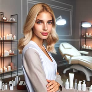 Blonde Hair Hispanic Beautician with Skincare Products