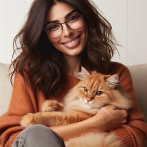 Happy Middle-Eastern Woman with Brunette Hair Holding Orange Tabby Cat
