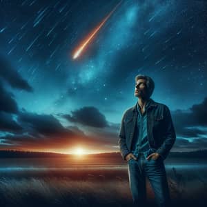 Man Witnessing Spectacular Meteor in Night Sky