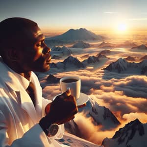 African Businessman Savoring Morning Coffee at Mount Elbrus Summit