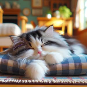 Sleepy Tuxedo Cat Lounging on Blue Cushion | Homely Scene