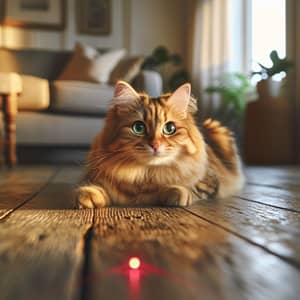 Curious Orange Tabby Cat on Rustic Wooden Floor | Pouncing on Red Laser Dot