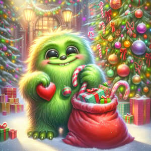 Joyful Green Creature with Heart Holding Christmas Presents