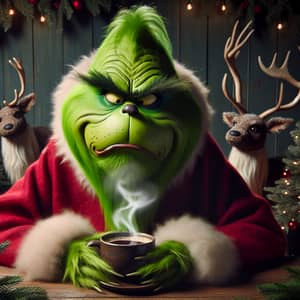Festive Green Troll Enjoying Coffee Amidst Reindeers and Pine Trees