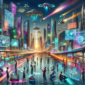 Futuristic Tech-Themed World: Vibrant City Skyline & Innovative Gadgets