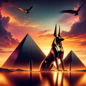 Black Pyramids with Anubis Statue at Sunset