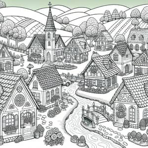 Whimsical Village Coloring Page for Kids - Fun and Creative Design