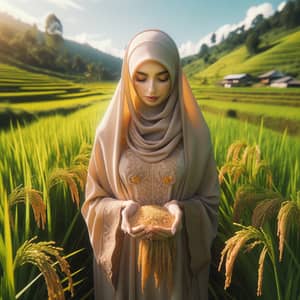 Middle-Eastern Woman in Rice Field Holding Golden Grains