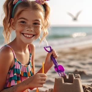 Young Girl in Colorful Swimsuit Building Sandcastle at Beach