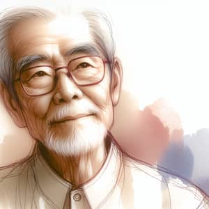 Elderly Asian Male Intellectual Sketch in Watercolor Pastels