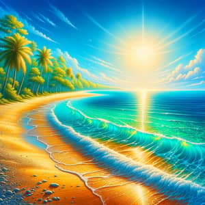Serene Beach Scene with Azure Waves & Palm Trees