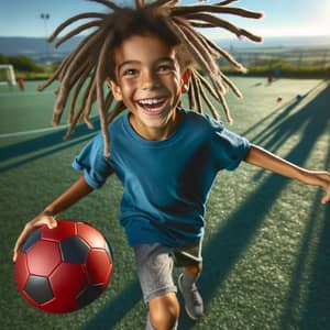 Energetic South Asian Boy with Dreadlocks Playing Soccer on Green Field