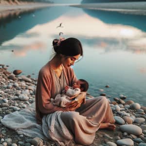 Tranquil River Scene: South Asian Woman with Newborn Baby Girl